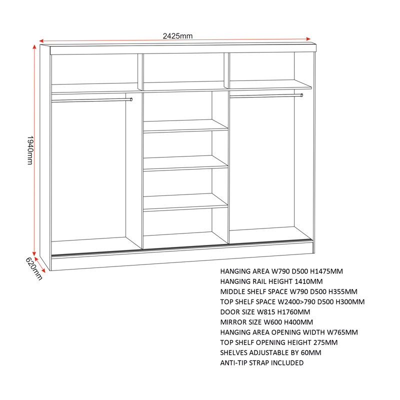 Cascio 3 Door Sliding Wardrobe, High Gloss White
