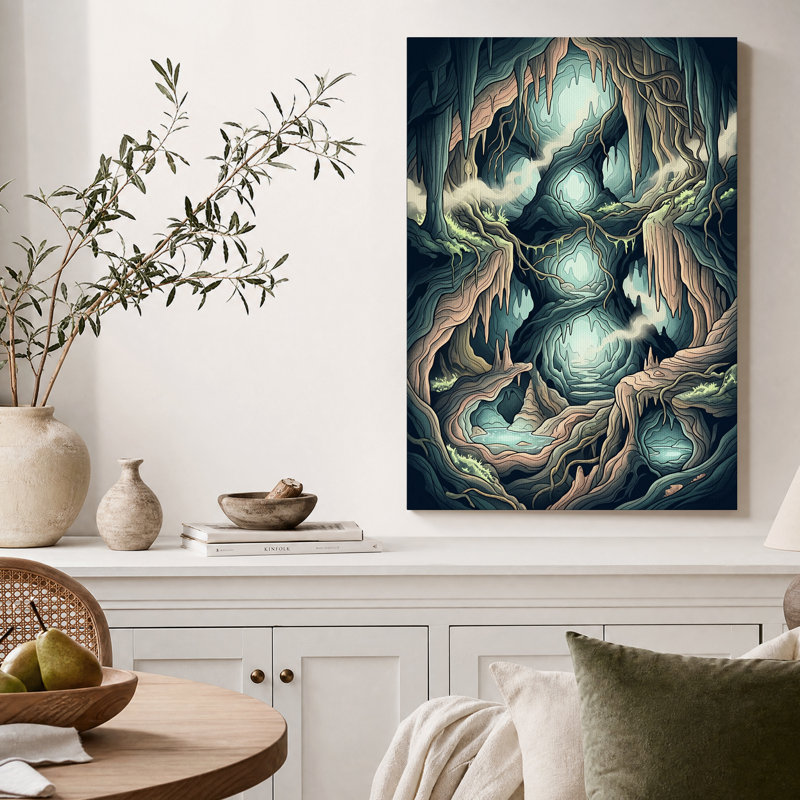 Tableau sur toile représentant une grotte lumineuse turquoise et brune aux racines entrelacées, H 24 po x l 16 po