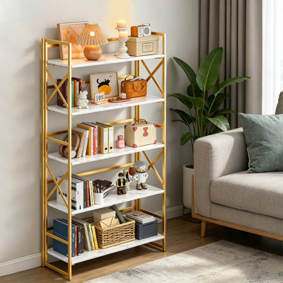 Wide 5 Tiers Book Shelves, Foldable Open Industrial Bookshelf Bookcase, No Assembly