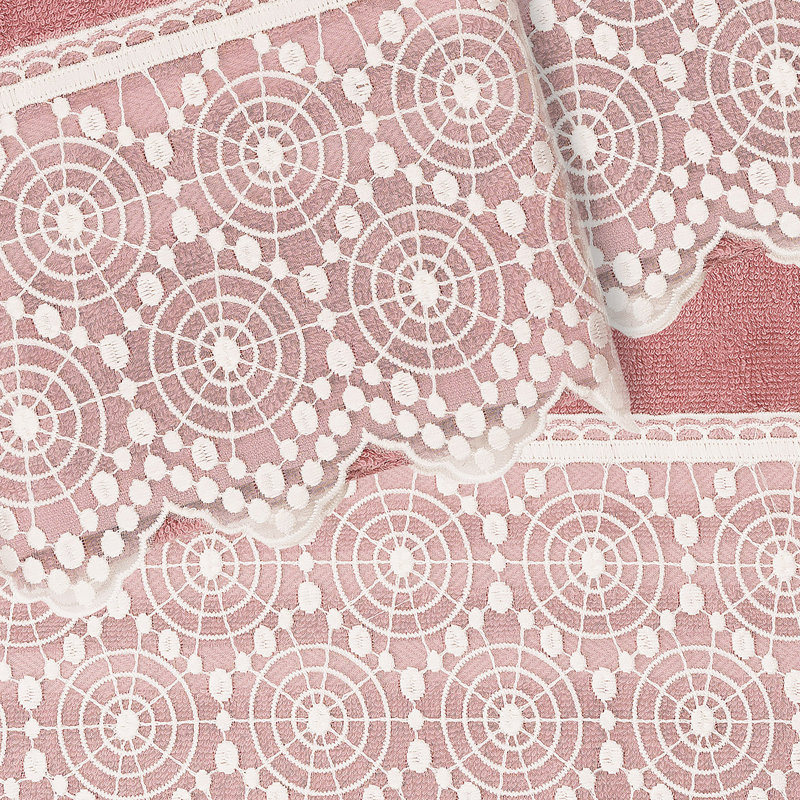  3 Piece Turkish Cotton Tea Rose/White Lace Embellishedm Towel Set