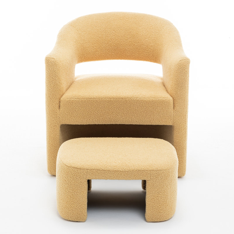 Upholstered Barrel Chair With Ottoman, Yellow Faux Fur