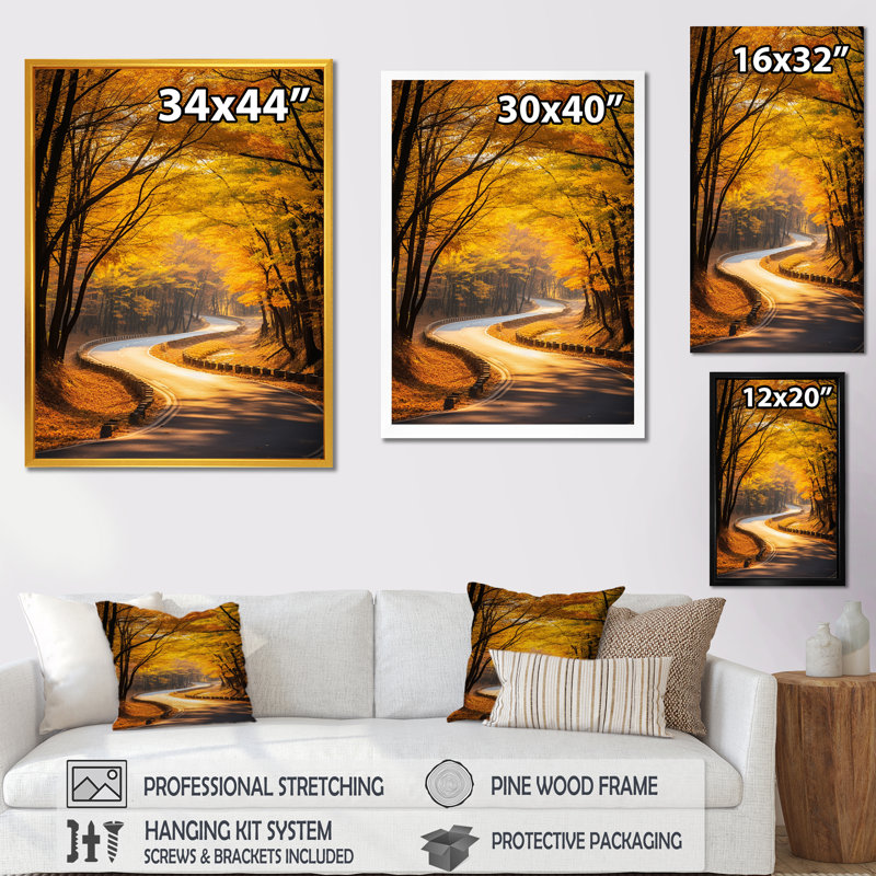 «Golden Autumn Road Into The Forest II» - art mural route, Cadre flottant noir, H 40 po x l 30 po