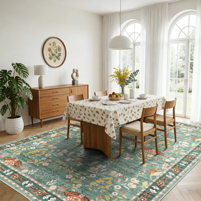 Tapis lavable 9 x 12 po, tapis à poils courts antidérapants avec motif floral papillon, tapis résistant aux taches pour le salon, la chambre à coucher, la salle à manger, vert clair
