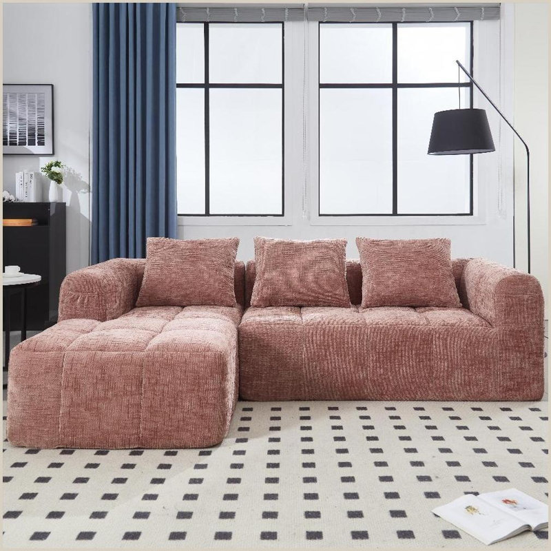 Canapé modulaire en L 98,42 pouces avec méridienne modulaire en L en chenille doux, sans assemblage, poches latérales pour le salon | Chenille | Dossier rembourré | Rose