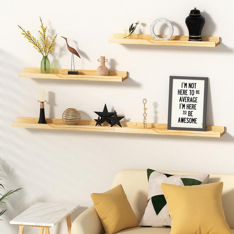 Étagères à livres flottantes en pin massif pour le salon, la chambre à coucher et la cuisine, bois d'érable naturel non fini