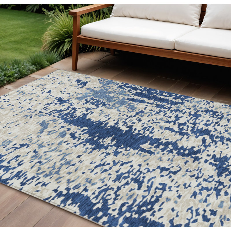 Tapis extérieur lavable abstrait bleu marine et ivoire 9 pi x 12 pi