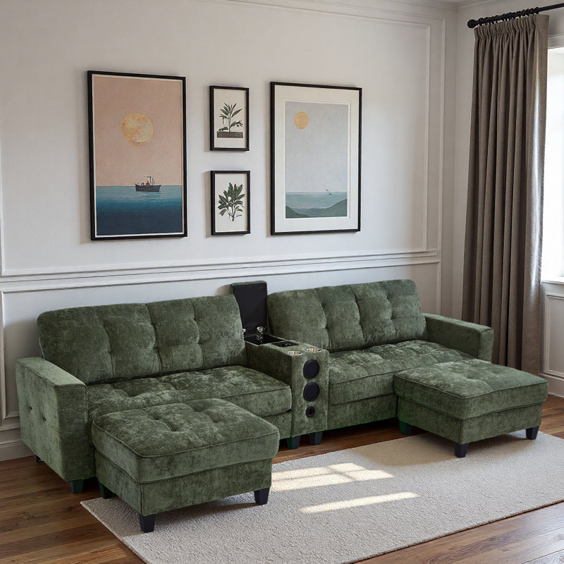 Modern U-shaped Sectional With Movable Storage Ottomans, Multifunctional Console, Bluetooth Speakers And Led Lights