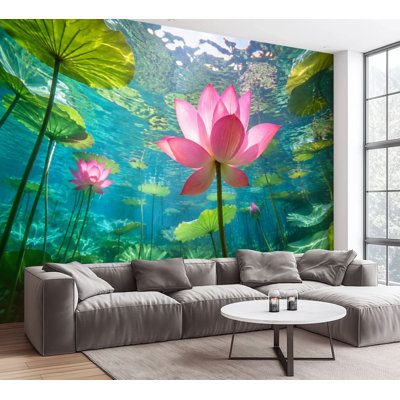 Wall Mural Peel and Stick Wallpaper Pink Lotus Flowers Underwater Crystal Pond Green Lily Pads Serene Self-Adhesive Removable Contact Paper Wall Decor for Living Room Bedroom 100"H x 144"W
