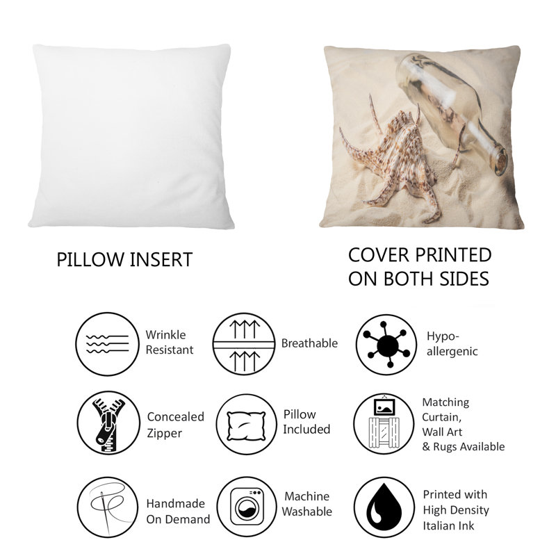 Coquillage et bouteille avec lettre sur la plage de sable - coussin décoratif nautique et côtier