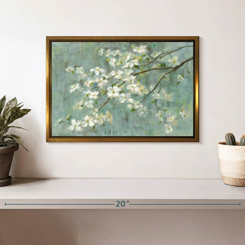 Cornouiller au printemps sur fond bleu, Cadre flottant doré, 13 po x 9 po