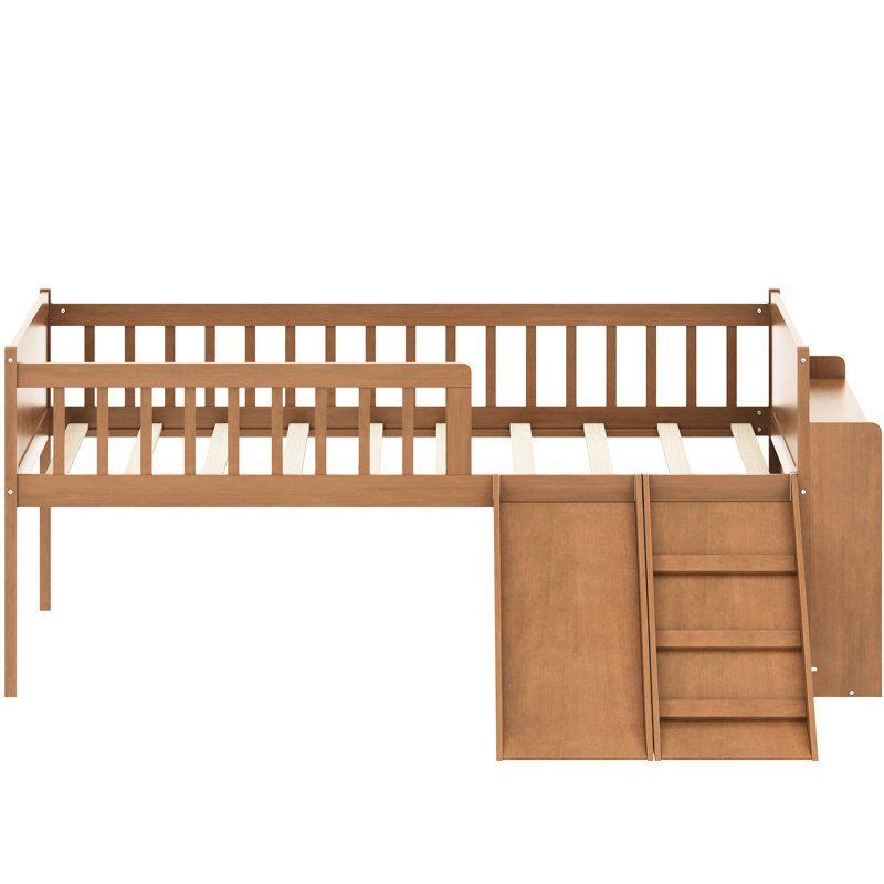 Lit plateforme avec garde-corps, tablette de rangement simple, glissade et noyer, sans sommier, conception de mobilier de chambre peu encombrante