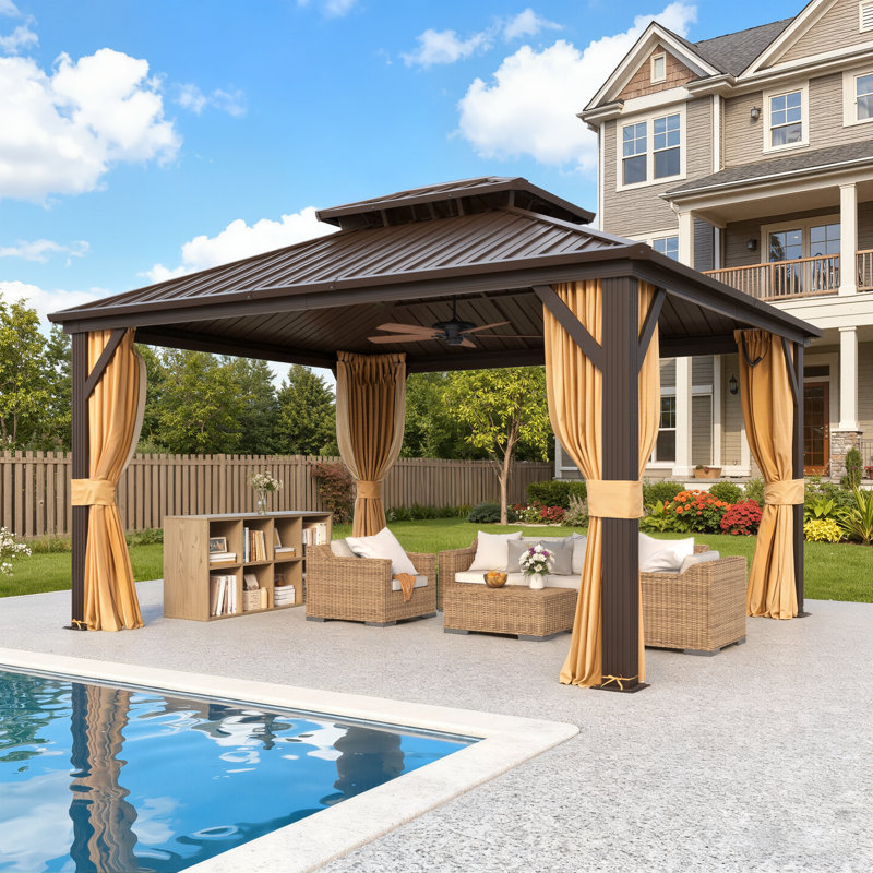 12' X 14' Hardtop Gazebo, Aluminum Frame Gazebos With Galvanized Steel Double Roof, Permanent Outdoor Metal Pavilion With Curtain & Netting For Patio, Lawn, Deck
