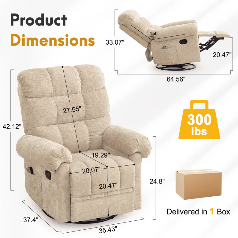 Recliner Chair, 360° Swivel Recliner with Heat & Massage, Chenille Upholstered Manual Recliners with Side Pockets, Khaki