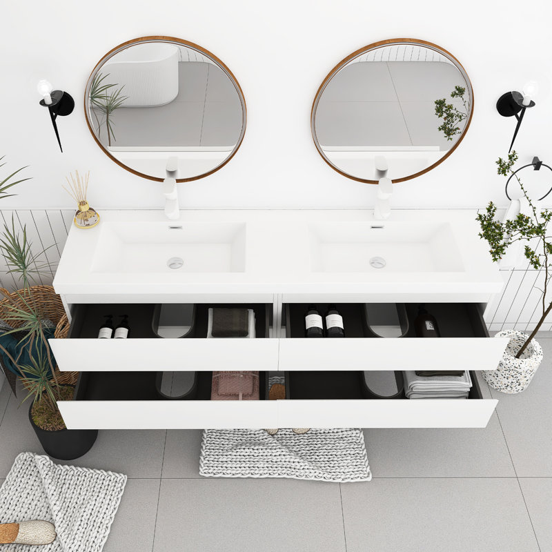 70.87 In. W X 19.69 In. D X 22.49 In. H Single Sink Wall Mounted Bath Vanity In White With White Basin