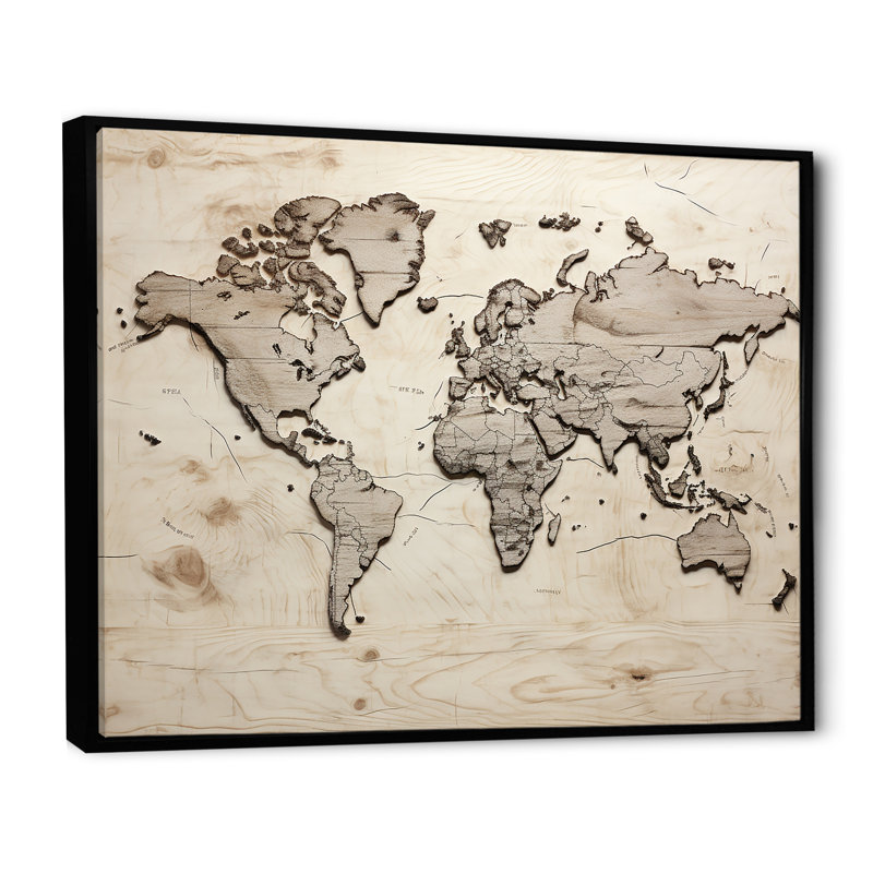 " Rustic Routes World Map ", 16" H x 32" W x 1" D, Black Floater Framed