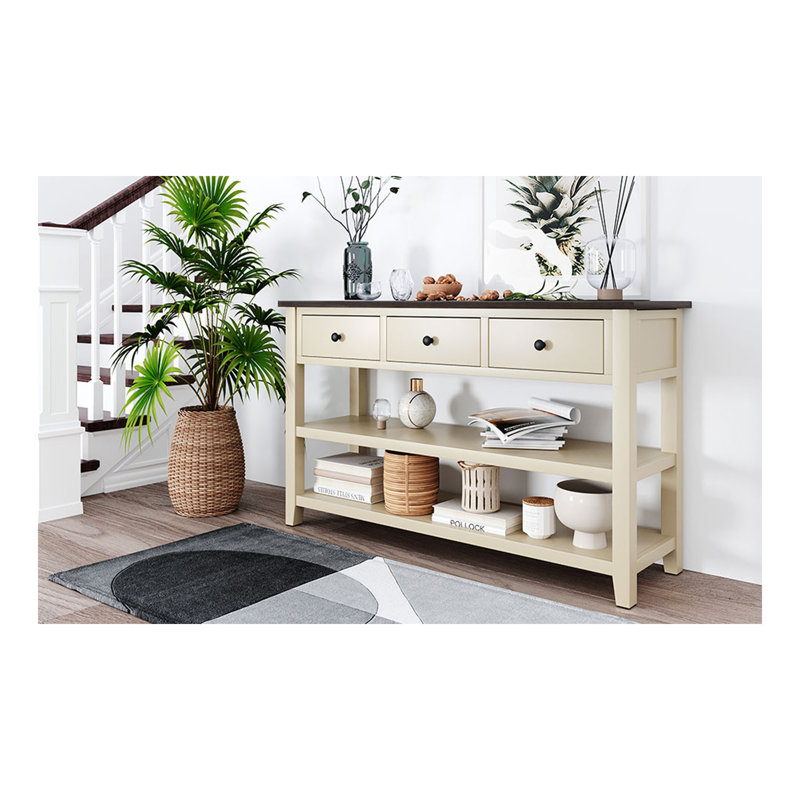 Console rétro avec deux tablettes ouvertes, structure en bois de pin massif et pieds pour le salon (espresso et beige), Beige
