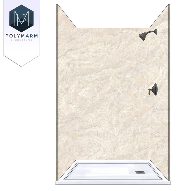 Polymarm 48" W 80" H 36" D Three Wall Composite Shower Wall Panel Surround, Classic Beige