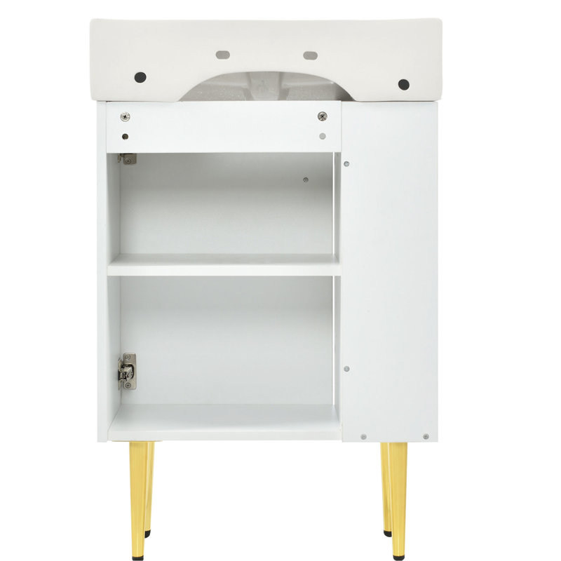 Meuble-lavabo de 21,6 po, blanc, avec poignée et pieds dorés, grand rangement, porte à fermeture en douceur dans la structure, porte riche, installation simple