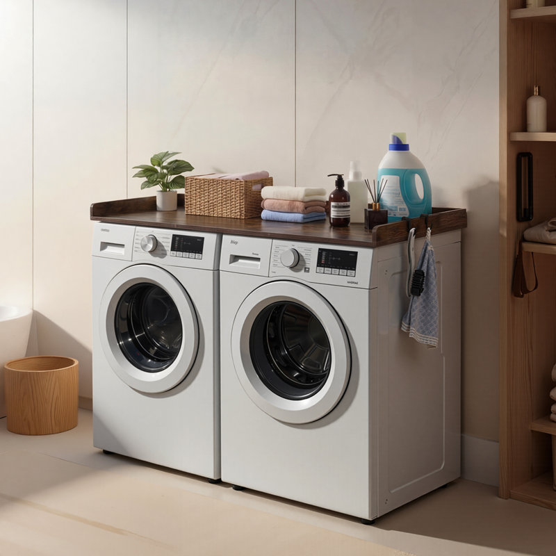 Washer Dryer Countertop, 54 x 27.5 in Wooden Washer and Dryer Topper with Edge & 2 Hooks, Water-Resistant Laundry Machine Topper for Laundry Closet Pantry Counter Organization and Storage, Brown