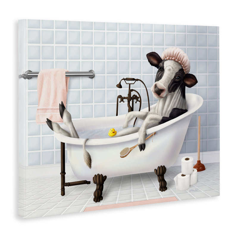 Vache et canard en caoutchouc dans la toile de bain, design par Mehu Art, H 16 po x l 20 po