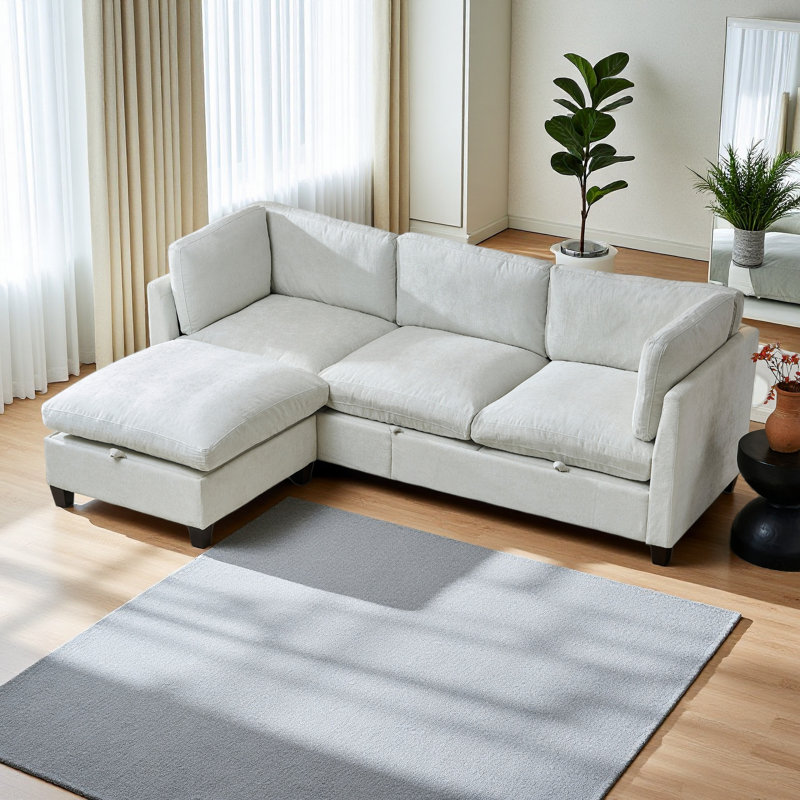96.5" Sectional Couch For Living Room, Upholstered Soft Chenille Fabric Sofa, 3-Seater With One Ottoman L Shape Sofa, Beige