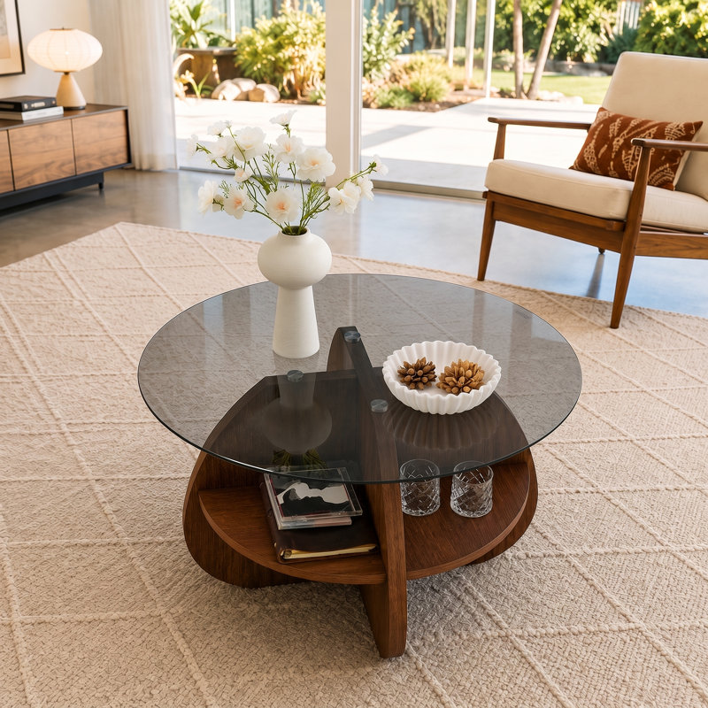 Table basse ronde en verre trempé avec rangement Mid-Century