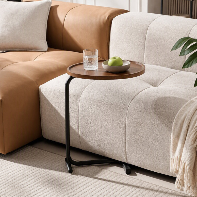 2 pièces, table d'appoint en forme de C brun, petit canapé pour petits espaces, salon, chambre à coucher