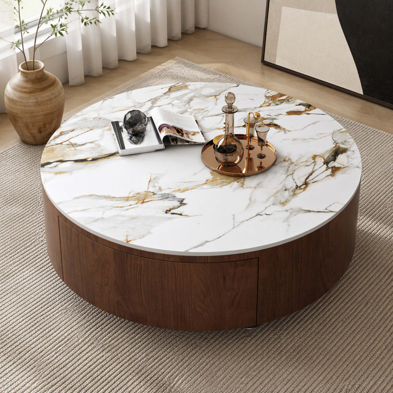 Table basse Rustic-Chic, plateau de table en pierre frittée et deux tiroirs de rangement intégrés, table basse de style moderne pour la décoration du salon