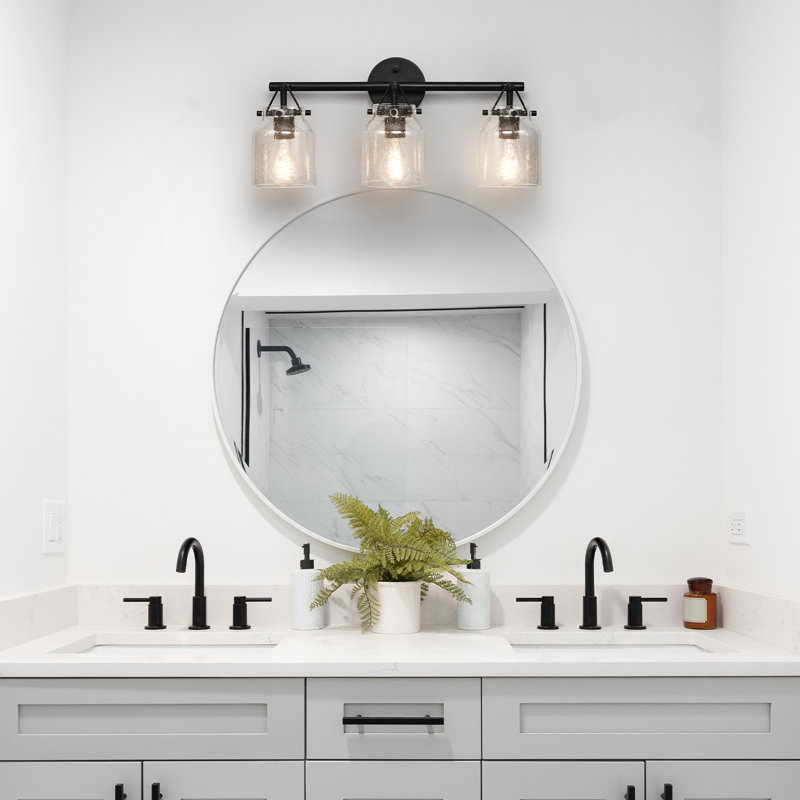 5-Piece All-In-One Bathroom Accessory Set With 22" 3-Light Vanity Light, Matte Black, Seeded Glass Shades, Towel Bar, Robe Hook, Toilet Paper Holder, Towel Ring, Bath, Powder Room
