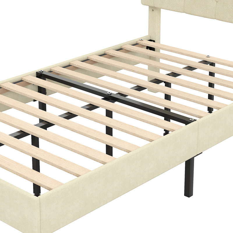 Lit plateforme tapissier Candelaria avec tête de lit capitonnée réglable, cadre de lit en tissu de lin avec tête de lit capitonnée à boutons, aucun sommier requis, support à lattes en bois, lit tapissier moderne pour la chambre à coucher