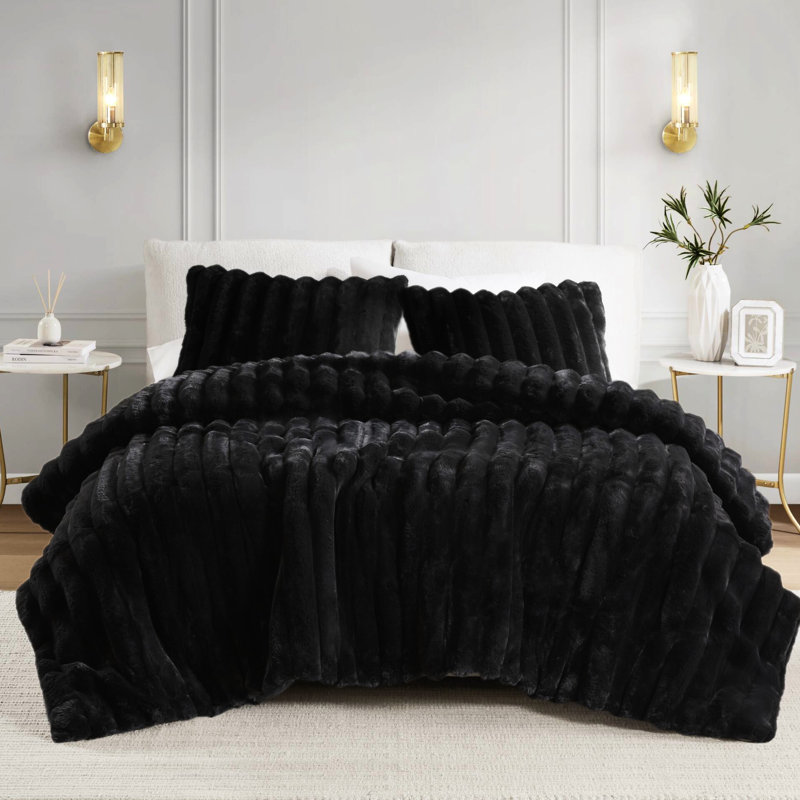 3 pièces, noir, très grand, ultra doux, fausse fourrure, édredon, rembourrage lisse, housse de taie décorative superposée, coussins à texture moelleuse, sensation luxueuse,