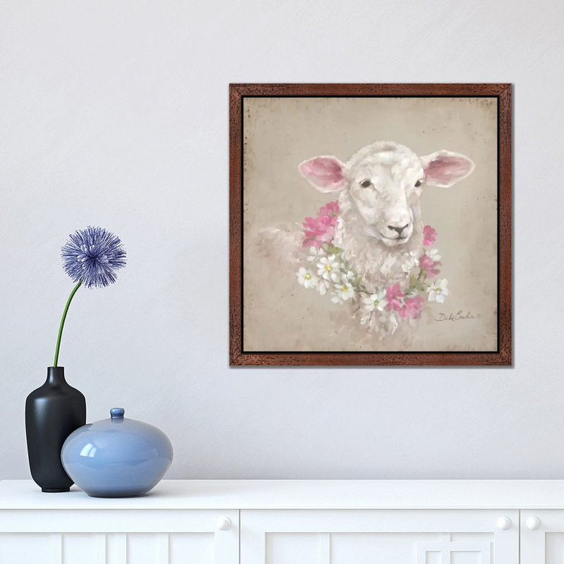 Sheep with Wreath 1 Piece Floater Frame Painting on Canvas, 45.72 cm H x 45.72 cm W, Brown