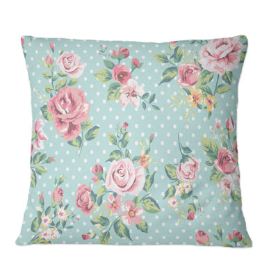 Coussin décoratif rétro à motif de roses roses sur fond bleu clair