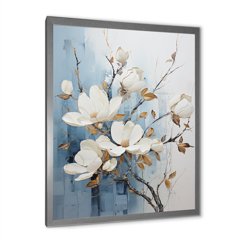 «Magnolias I» bleu et doré sur toile, Cadre simple argenté, H 20 po x l 12 po x P 1 po
