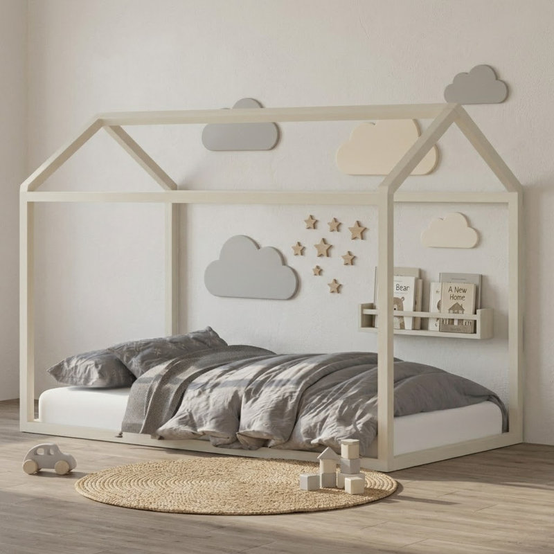 Structure de lit à baldaquin en bois massif pour enfants, Blanc antique, Lit simple