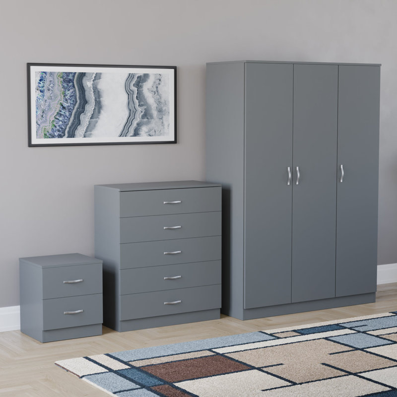 Maybery 3 Piece Bedroom Set (2 Drawer Bedside Chest, 5 Drawer Chest, 3 Door Wardrobe), (5), Grey