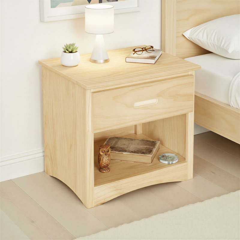 Table de chevet contemporaine en pin naturel avec tiroir et tablette de rangement ouverte - Table de chevet en bois pour chambre à coucher | Idée de cadeau