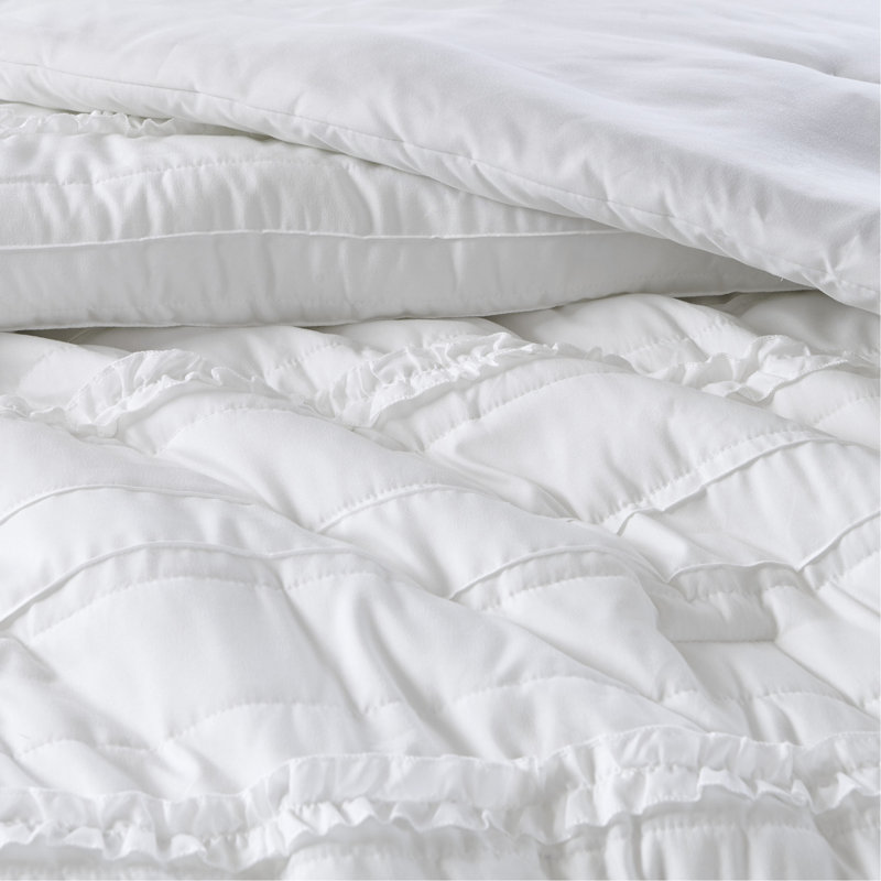 Ensemble d'édredon à volants en microfibre 5 pièces grand blanc, Édredon de grand lit + 4 pièces additionnelles