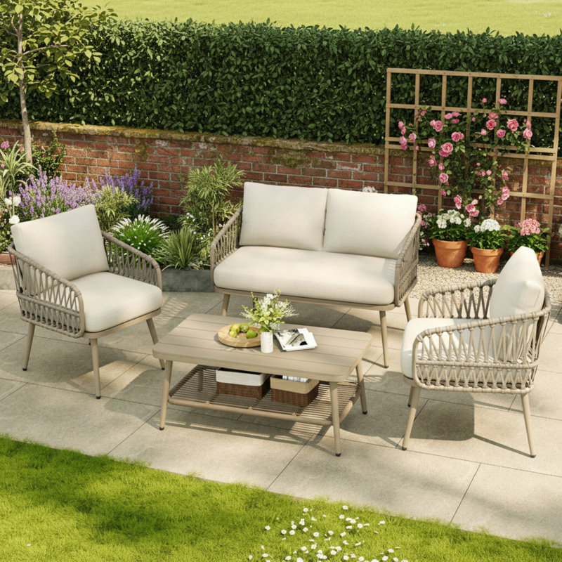 4-piece Outdoor Patio Set With Plastic Wood Table & Rope Storage, Loveseat + 2 Armchairs, Beige, Beige