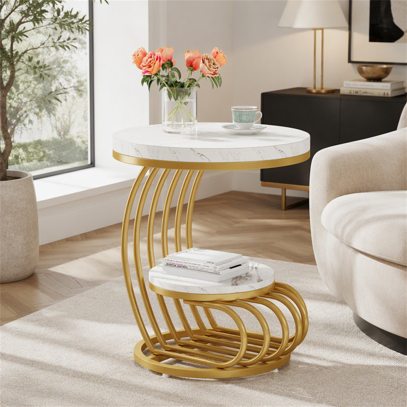 Table de bout ronde, table d'appoint 2 niveaux, White / Gold, White, Gold