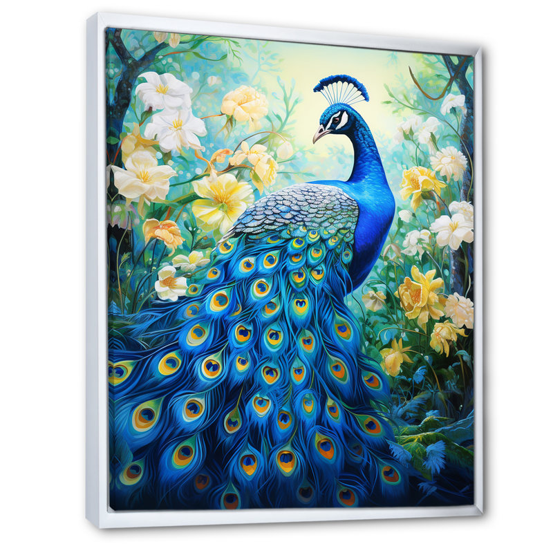 Yunick Teal Peacock Symbolist - Print, 20" H x 12" W, White Floater Framed