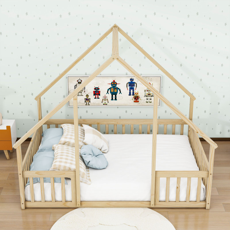 Wooden Floor Bed With House-Shaped And Guardrails, Natural, Full