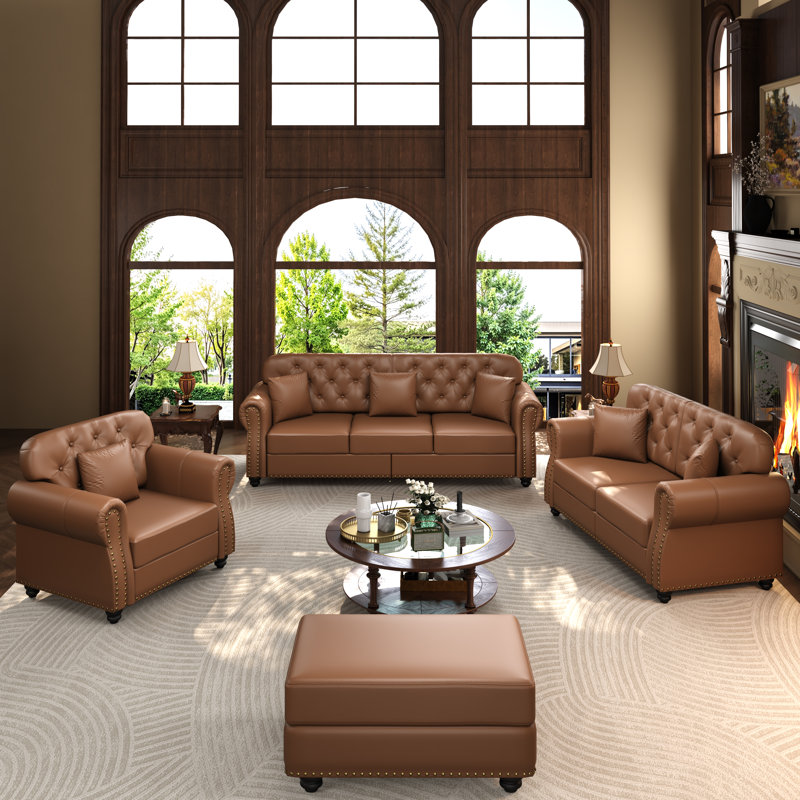 Canapé rembourré en similicuir Lethmoss Mid-Century, 82.6, 1 Ottoman+3 Sofa, Brown