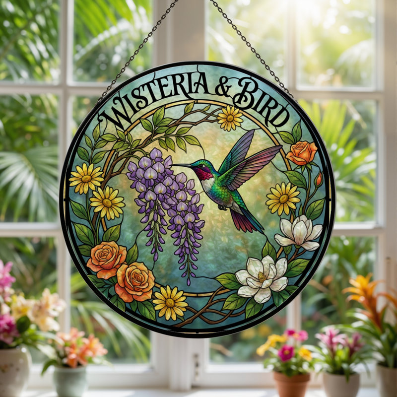 Panneau de vitrail 12 po H Wisteria Bird, H 12 po x l 12 po