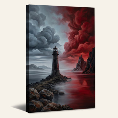 Art mural sur toile, "Phare sur un rivage rocheux avec ciel rouge et gris"