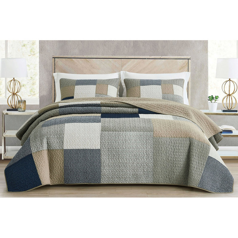 King Size Navy and Beige Cotton Patchwork Quilt Set