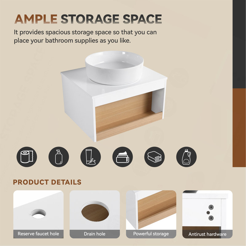 Meuble-lavabo flottant 24 po avec lavabo vasque rond blanc brillant, meuble-lavabo mural avec tablette ouverte, finition blanche avec comptoir durable, conception moderne peu encombrante (livré dans 2 boîtes)