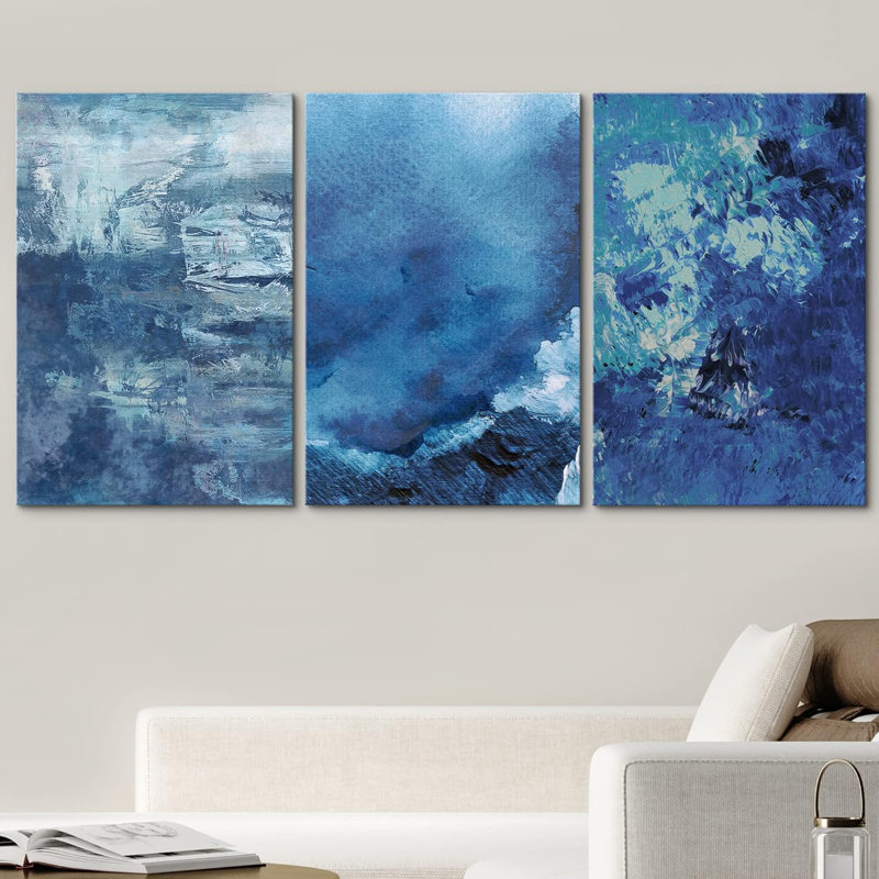 Abstrait bleu sur toile, reproduction de 3 pièces