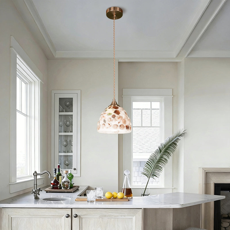 6.9" 1-Light Shell-Textured Glass Pendant with Adjustable Cord and Tri-Color E26 Bulb for Kitchen Island and Dining Room