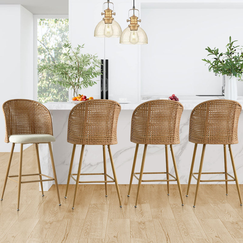 Brendaliz Set of 4 Upholstered 28.5" Rattan Backrests Arm Bar Stool